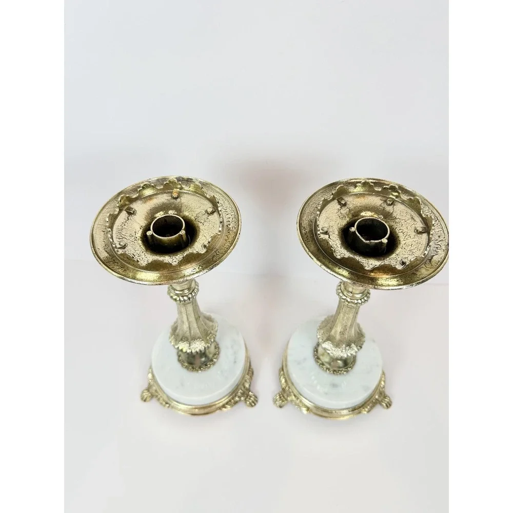 Vintage Hollywood Regency Candlesticks Brass Tone, White Marble Bases (10